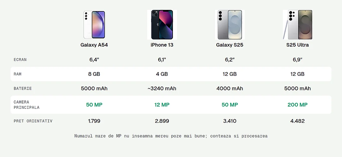 Comparatie de specificatii, cu accent pe camera