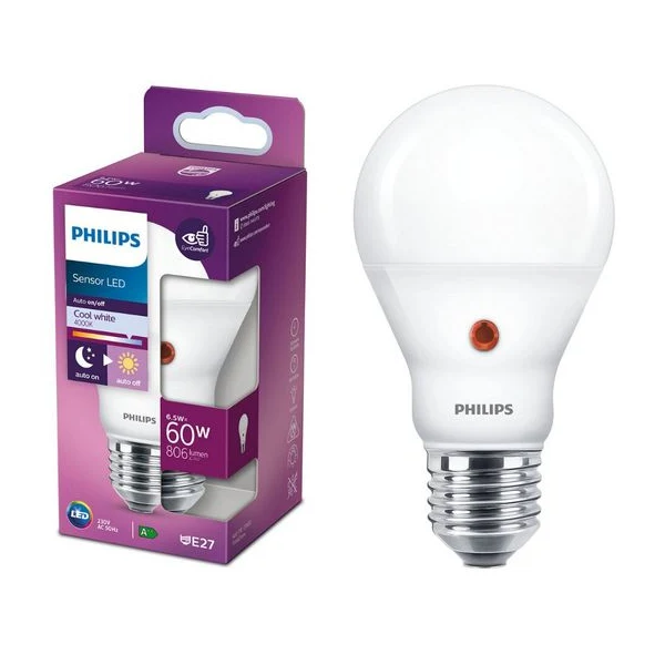 Bec LED cu senzor de lumina Philips EyeComfort, A60, E27, 6.5W (60W), 806 lm
