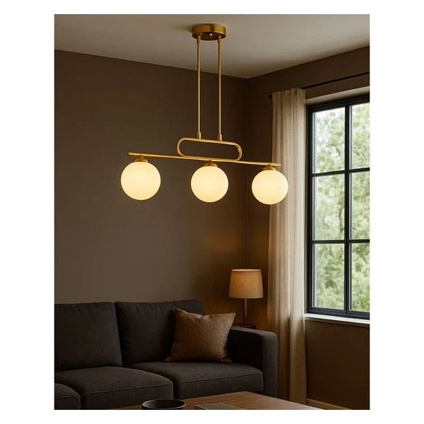Candelabru modern cu 3 globuri, soclu E27, carcasa aurie, globuri albe, inaltime reglabila