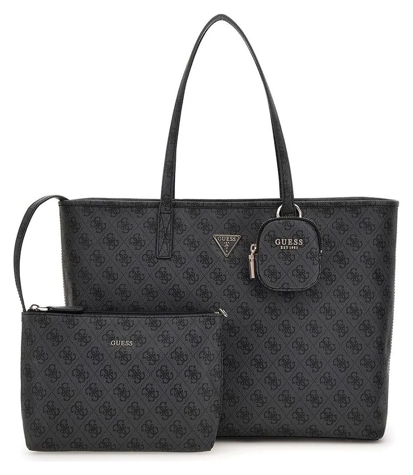 GUESS, geanta shopper cu monograma si etuiuri detasabile, gri inchis, 31x49x14 cm