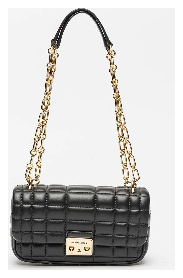 Michael Kors Tribeca, geanta matlasata din piele cu bareta de umar, neagra, 13x23x6,5 cm