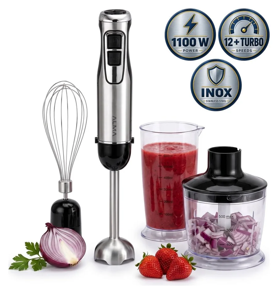 Blender vertical ALMA HB-1100, 1.100 W, 12 trepte + Turbo, picior inox, tocator 500 ml, tel, pahar 600 ml