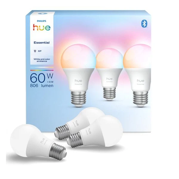 Pachet Philips Hue Essential, 3 becuri inteligente E27, White and Color Ambiance