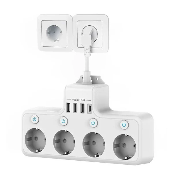 Prelungitor 4000 W, 4 prize cu intrerupatoare individuale, 3 USB-A si 1 USB-C, montare pe perete