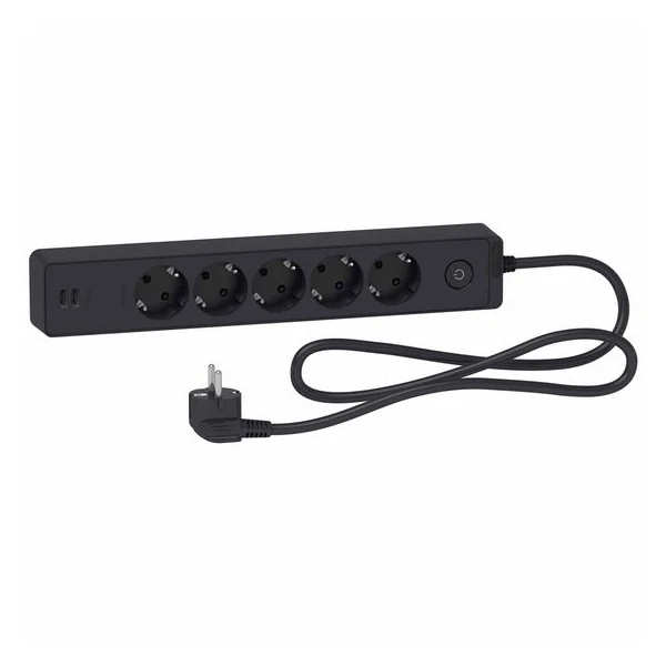 Prelungitor Schneider Unica, cu intrerupator, 5 prize, 2 porturi USB 2.4A, protectie copii, 1.5 m, 3680 W