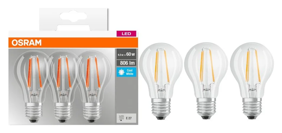 Set 3 becuri Osram Base Filament A60, E27, 6,5 W, 806 lm, 4000K