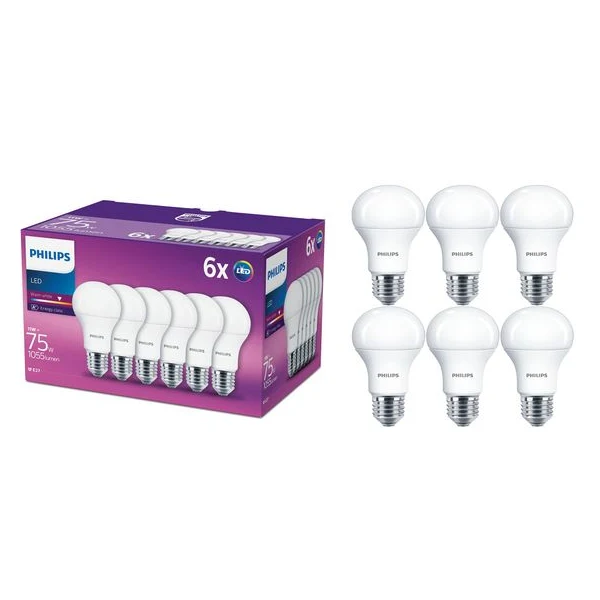 Set 6 becuri LED Philips, E27, 11W (75W), 1055 lm, lumina calda