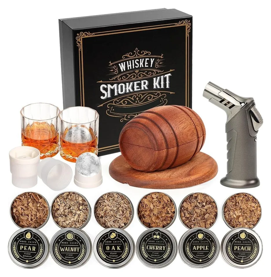 Set afumat whisky, 6 arome si 2 pahare